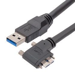 高柔性拖链级USB3.0线缆组件，A型公头至直角右出线Micro-B型公头，带机器视觉锁紧螺丝， VW-1阻燃等级PVC护套，黑色，2.5米的图片