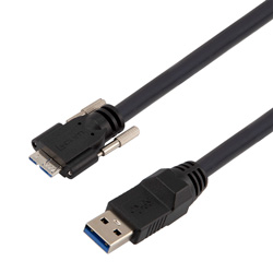 高柔性拖链级USB3.0线缆组件，A型公头/至带机器视觉翼形螺丝的Micro-B型公头， 28/26/22AWG，VW-1阻燃等级PVC护套，黑色，1米的图片