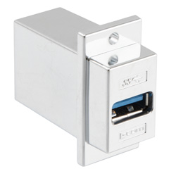 USB3.0转接头/耦合器，ECF法兰式接线板安装，A型母头/A型母头，镀铬屏蔽层ABS外壳，银色的图片
