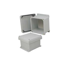 6×6×4英寸（15.2×15.2×10.2厘米）UL®认证NEMA-4X级防风雨接线盒，带铝制安装板和角部固定螺丝的图片