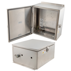 Picture of 14x12x07 Stainless Steel Weatherproof Outdoor IP66 NEMA 4X Enclosure, 120-240VAC Universal Outlet Mount Plate