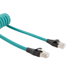 超五类以太网弹簧线组件，90度出线后连接RJ45-RJ45接头，使用F / UTP箔屏蔽 26AWG绞合高柔性工业无卤TPU电缆护套，蓝绿色，长度为1到36英尺的图片